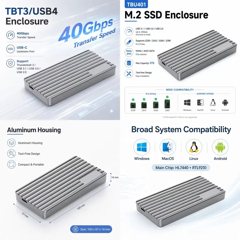 Usb4 40Gbps External Ssd 8Tb - AP01 for Aluminum M.2 NVMe SSD